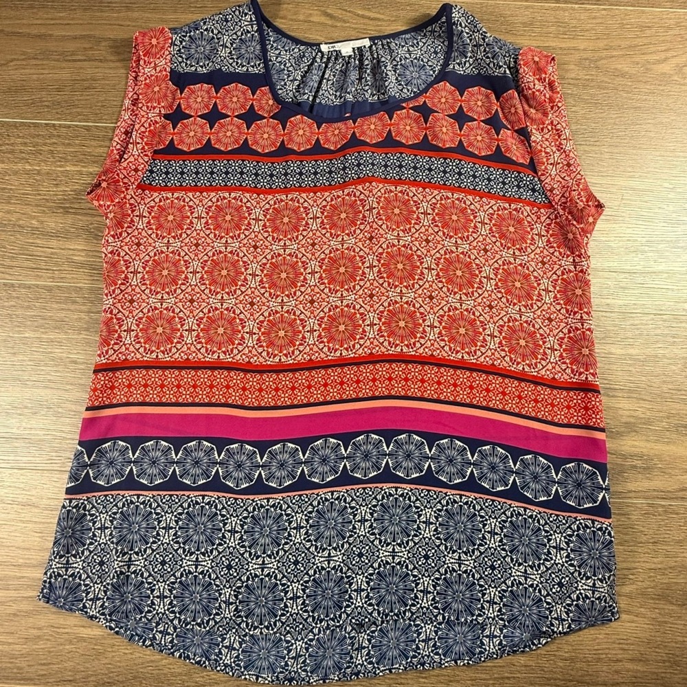 DR2 by Daniel Rainn Womens Navy Red Geometric Medallion Print Blouse M